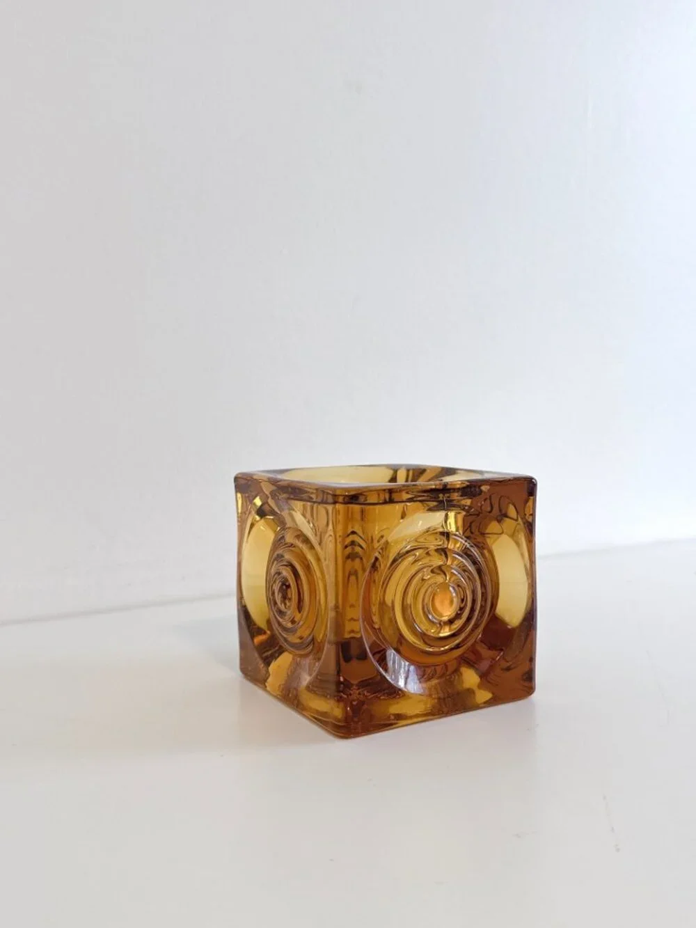 VIKING AMBER GLASS BULLSEYE GLIMMER CUBE CANDLE HOLDER PAPERWEIGHT VINTAGE MCM